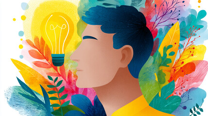 Man with a bright idea lightbulb and colorful plants