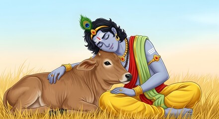 Illustration of krishna resting his head on a cow in a field with a blue and yellow sky background
