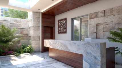 Modern reception desk with stone and wood elements