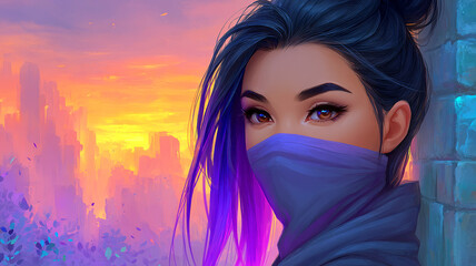 A woman with purple hair and a mask against a vibrant sunset