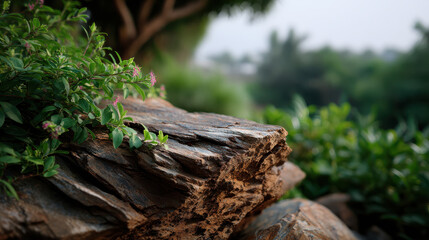 Beautiful schist rock formation with layered texture, surrounded by lush greenery and delicate flowers, creating serene natural scene