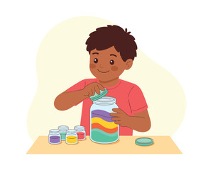 Happy Boy Making Colorful Layered Sensory Jar Craft vector illustration
