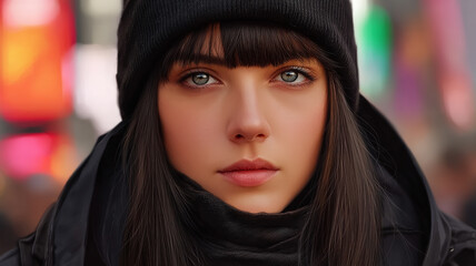 A woman in a black hat and scarf looks forward