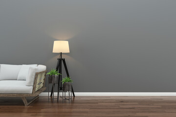 Cozy Sofa Nook with Floor Lamp and Gray Minimalist Wall, Inviting a Peaceful Retreat