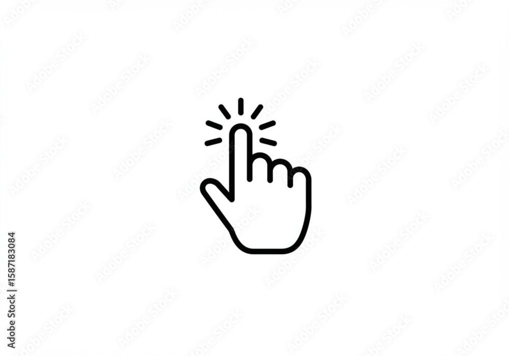 Poster digital cursor hand icon pointing and clicking with radiating lines on white background