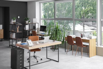 Interior of modern office with desks, shelf units and plants