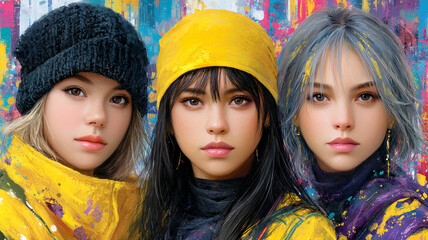 Three stylish young women with colorful makeup and hats