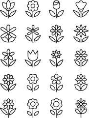 Collection of Black Outline Flower Icons on White Background