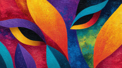Abstract colorful shapes create a vibrant, textured background