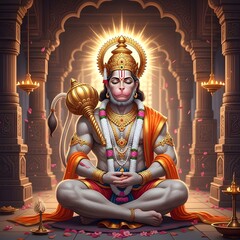 Hanuman meditating in a temple with a golden halo, wearing jewelry and holding a gada in his shoulder