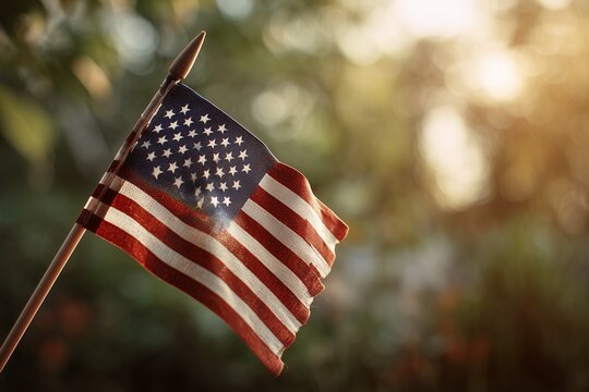 Textile United States flag on pole waves outdoors with natural bokeh and golden light glow, concept for national celebrations and patriotic displays, 4th of july, 1776
