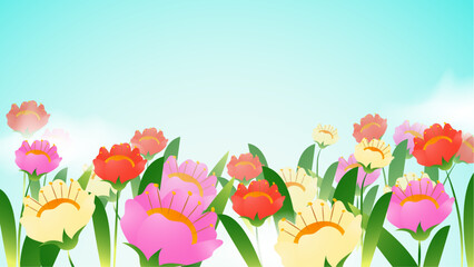 Vibrant floral blooms under a clear blue sky, perfect for spring or nature themed designs, gardening publications, or greeting cards.