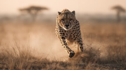 Powerful cheetah sprints across the dusty savanna plains during a golden african sunset, concept for wildlife presentations, speed metaphor visualizations, and environmental awareness projects