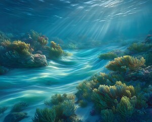 Naklejka premium Underwater Scene of Sunlit Coral Reefs