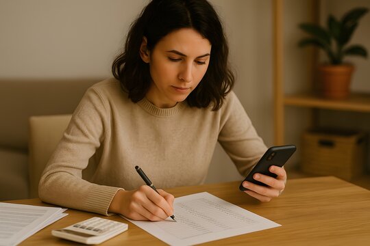 businesswoman working with documents using pen and smartphone