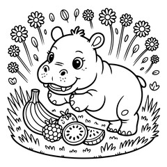 Fototapeta premium A cartoon hippo smiles while holding fruit in a garden setting.