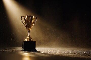 A gleaming golden trophy illuminated by a dramatic spotlight sits prominently on a dark surface, concept for celebrating grand achievements, recognizing outstanding winners, and showcasing