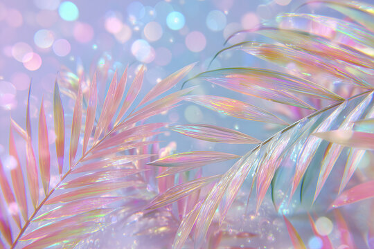 Bright mint and green holographic neon colored abstract palm leaves on pink background with interlaced digital Motion glitch effect. 90s night club jungle beach summer party retro style flyer template - Powered by Adobe