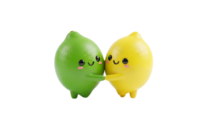 Cute Lime and Lemon Characters Holding Hands on Transparent Background