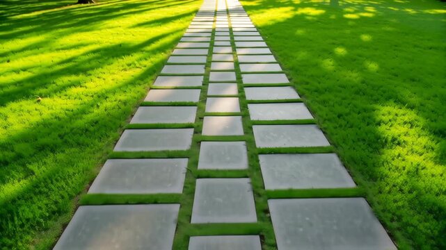 Serene outdoor pathway of stone slabs surrounded by lush green grass creates beautiful and inviting atmosphere for relaxation