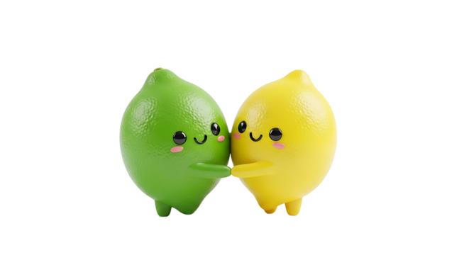 Cute Lime and Lemon Characters Holding Hands on Transparent Background