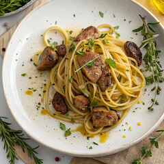 Top View of Linguine Pasta with Crispy Fried Chicken Liver