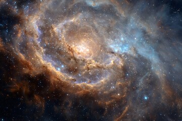 Obraz premium Detailed view of a colorful swirling cosmic nebula with bright stars and glowing gas clouds in deep space, concept for science illustration, educational material and abstract design background