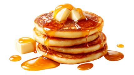 Stack of fluffy pancakes with butter and dripping maple syrup appears on a transparent surface.