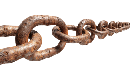 Rusty chain consists of interconnected links on a transparent background.