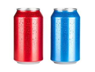  Front View of Red and Blue Soda Cans Covered in Icy Droplets – White Background PNG