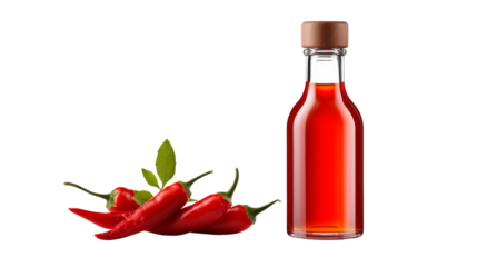 Red chili peppers are next to the bottle with hot sauce on a transparent background.
