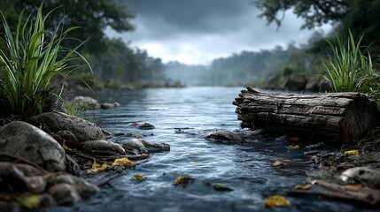 Obraz premium Dirty water of a pond filled with marine litter, plastic film, and floating garbage contaminating the aquatic ecosystem.