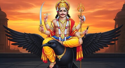 Illustration of shani maharaj seated on a black crow against a sunset backdrop with buildings visible
