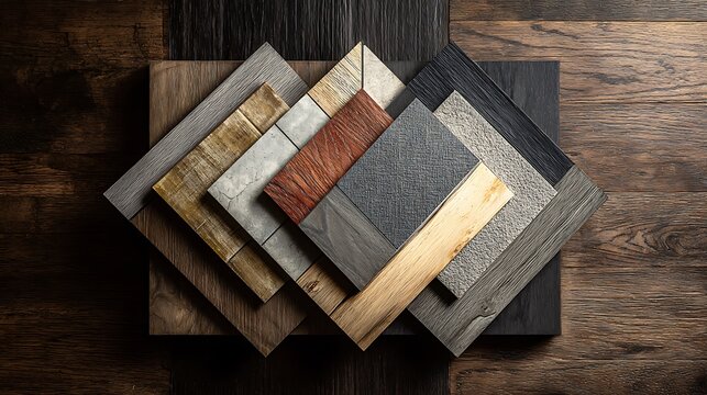 A selection of diverse wood flooring samples laid in a diagonal pattern against a dark wooden panel, highlighting an array of finishes and tones. .