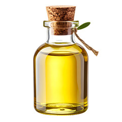 A small glass bottle of golden olive oil isolated on transparent background, sealed with a cork stopper and adorned with an olive leaf. Selfcare and beauty product clipart.