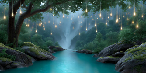 a surreal rainstorm where raindrops are replaced by glowing orbs of light falling gently onto a myst