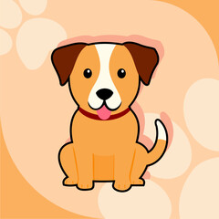 Fototapeta premium Cartoon dog sitting with tongue sticking out, set against a paw print background.