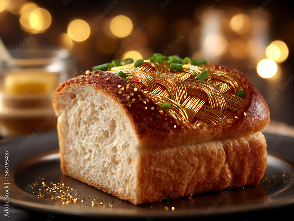 Poster close-up of a slice of bread with a texture resembling woven gold threads, intricate pattern,