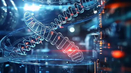 Futuristic DNA structure illuminated in a high-tech lab with glowing elements and digital screens - Powered by Adobe