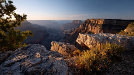 Obraz premium Majestic canyon landscape with rocky formations, vibrant sunset illuminating cliffs, and lush vegetation in foreground