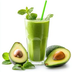 Green avocado smoothie with mint and fresh avocados isolated on white background