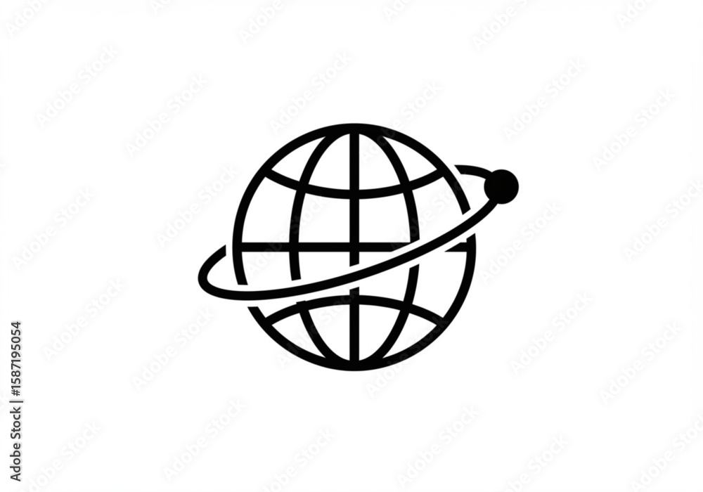 Poster stylized black globe icon with a circular orbit path and a small dot