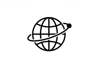 Stylized black globe icon with a circular orbit path and a small dot