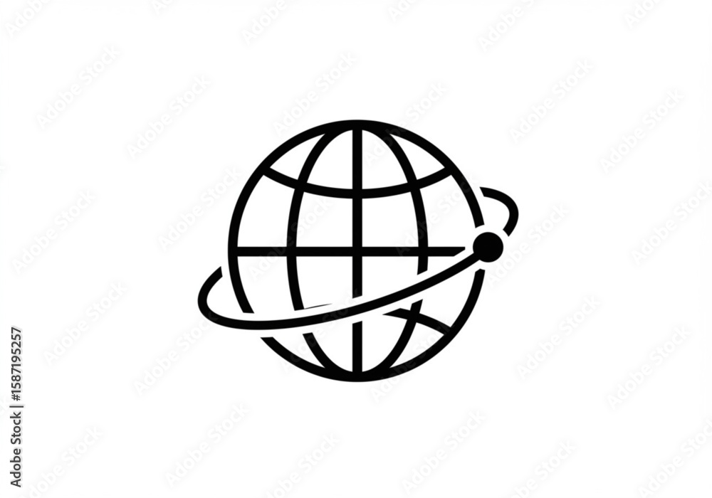 Poster abstract black globe icon with orbiting line and dot representing connectivity