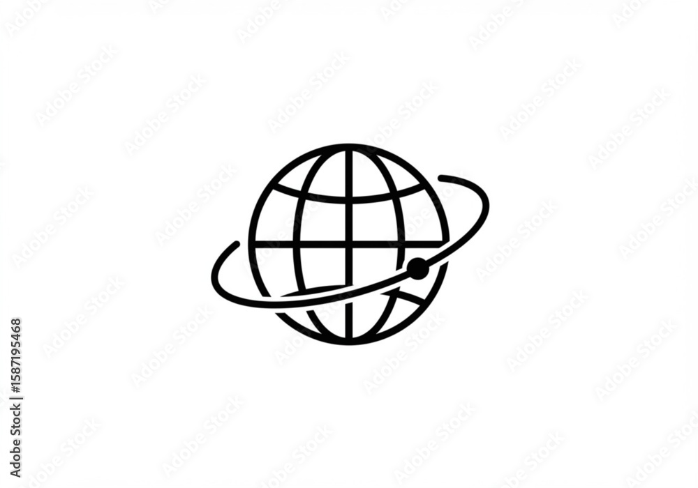 Poster black outline icon of a globe with a circular orbit path around it