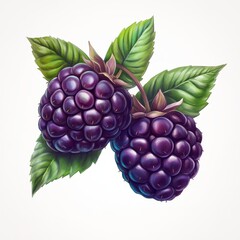 Two ripe blackberries with green leaves isolated on white background