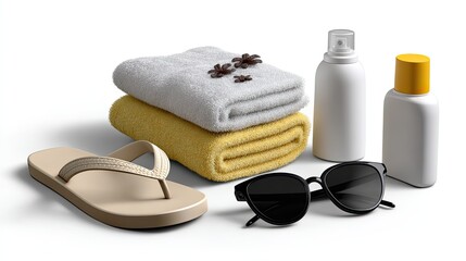 Beach essentials arranged on a white surface, including towels, sunglasses, and sunscreen.