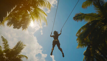 Against a clear blue sky, a sunny day, a man swings from a tree branch in a dense forest, tall palm trees.