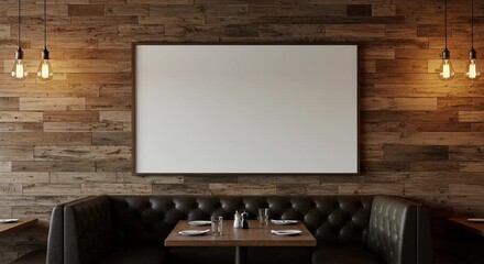 Restaurant interior with blank frame and wooden wall design