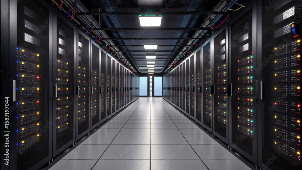 Poster modern data center showcasing advanced technology with server racks, colorful lights, and high tech 